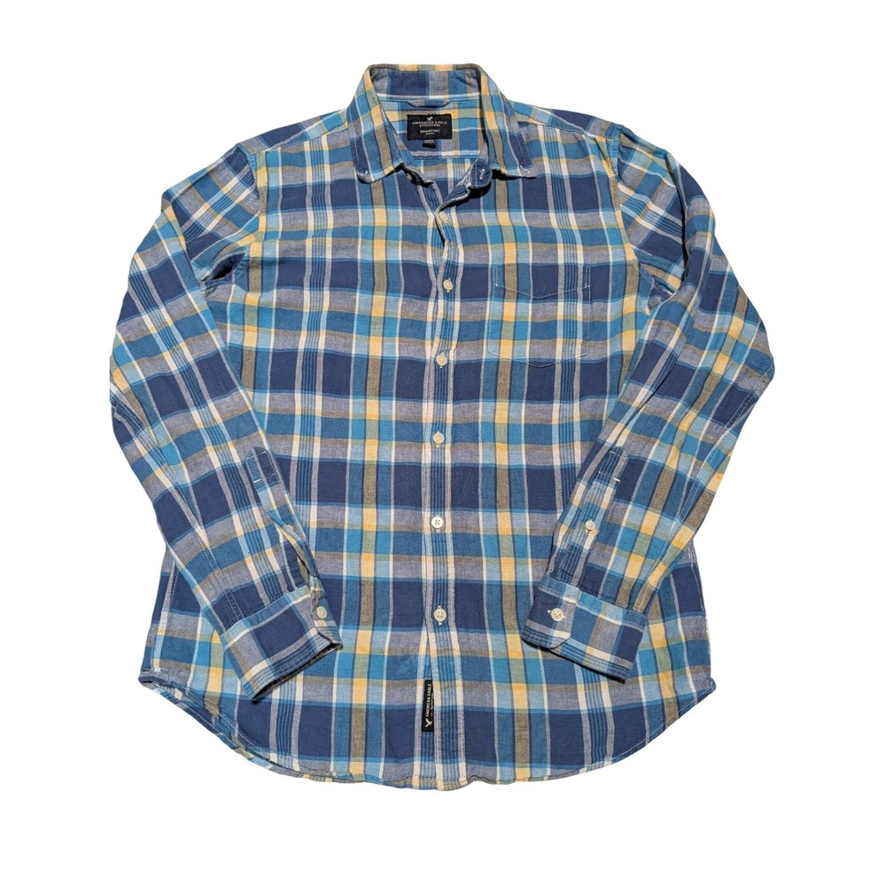 American Eagle Mens Slim Fit Plaid‎ Shirt Blue Yellow Linen Cotton Blend Medium